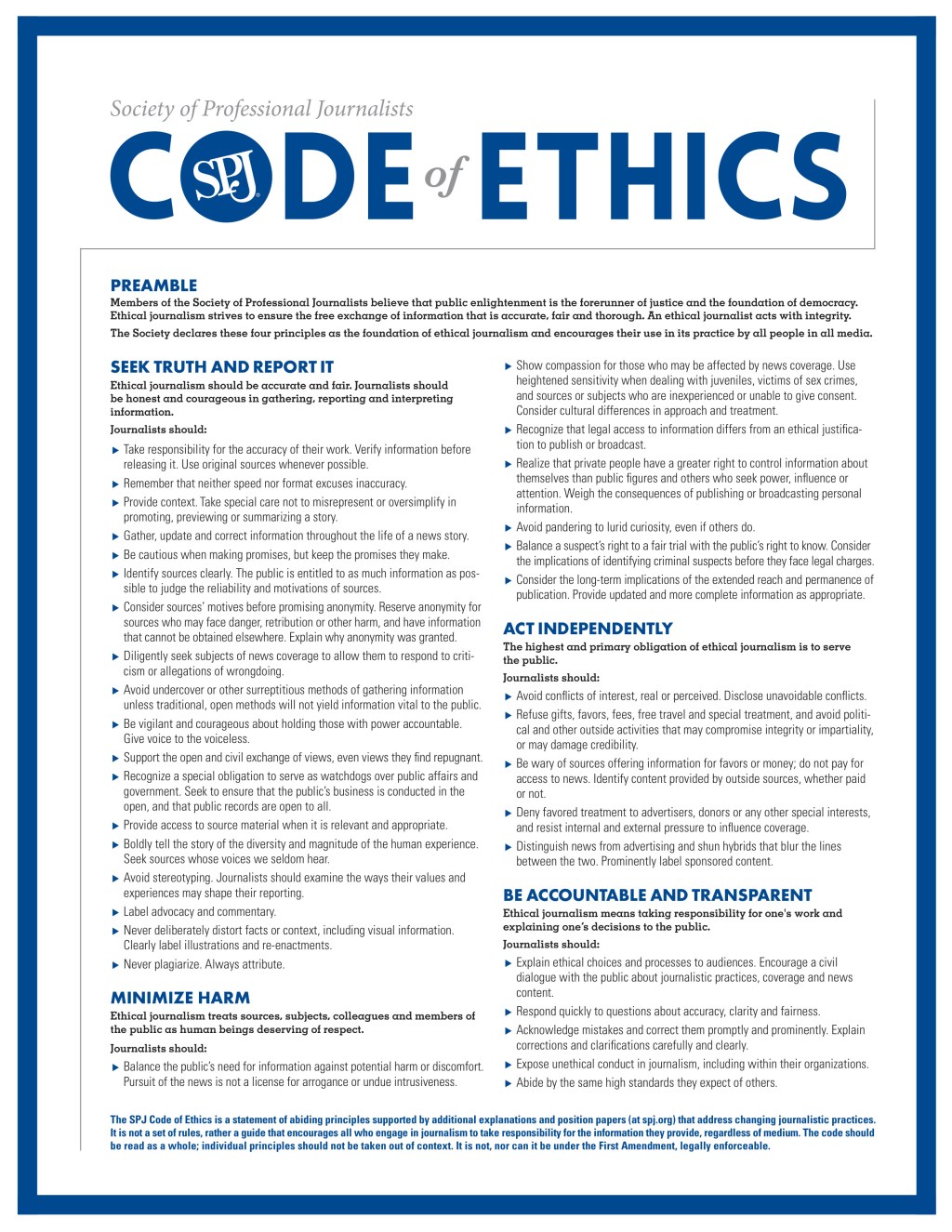 SPJ Code of Ethics, 1996
